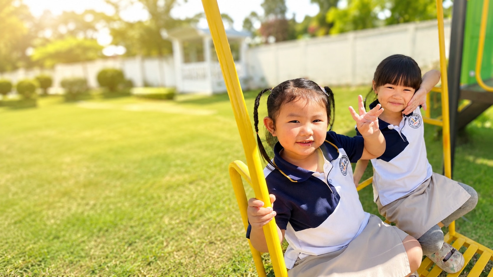 Two smiling girls in SiLA uniforms on a playground swing
