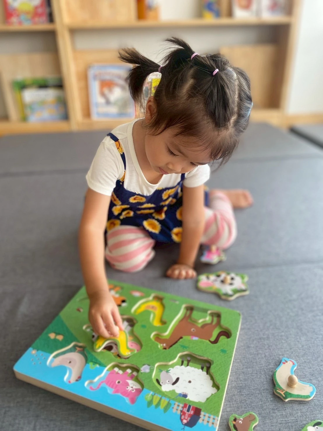 A Nursery girl kneeling in concentration over a wooden farm-animal puzzle